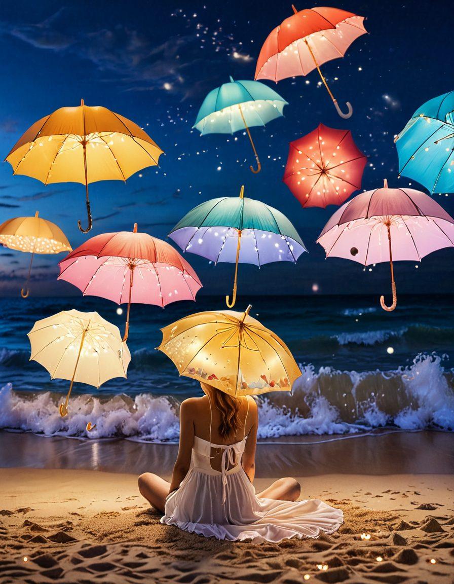 A vibrant beach scene featuring a stylish shoreline with models donning whimsical, avant-garde fashion inspired by fantasy elements. Include colorful umbrellas, ocean waves in the background, and playful accessories like oversized hats and bold jewelry. Infuse a dreamy atmosphere with soft pastel hues blending with bright accents, creating a juxtaposition between reality and fantasy. Layer in whimsical elements such as floating sea creatures or fairy lights for an enchanting touch. super-realistic. vibrant colors. soft focus.