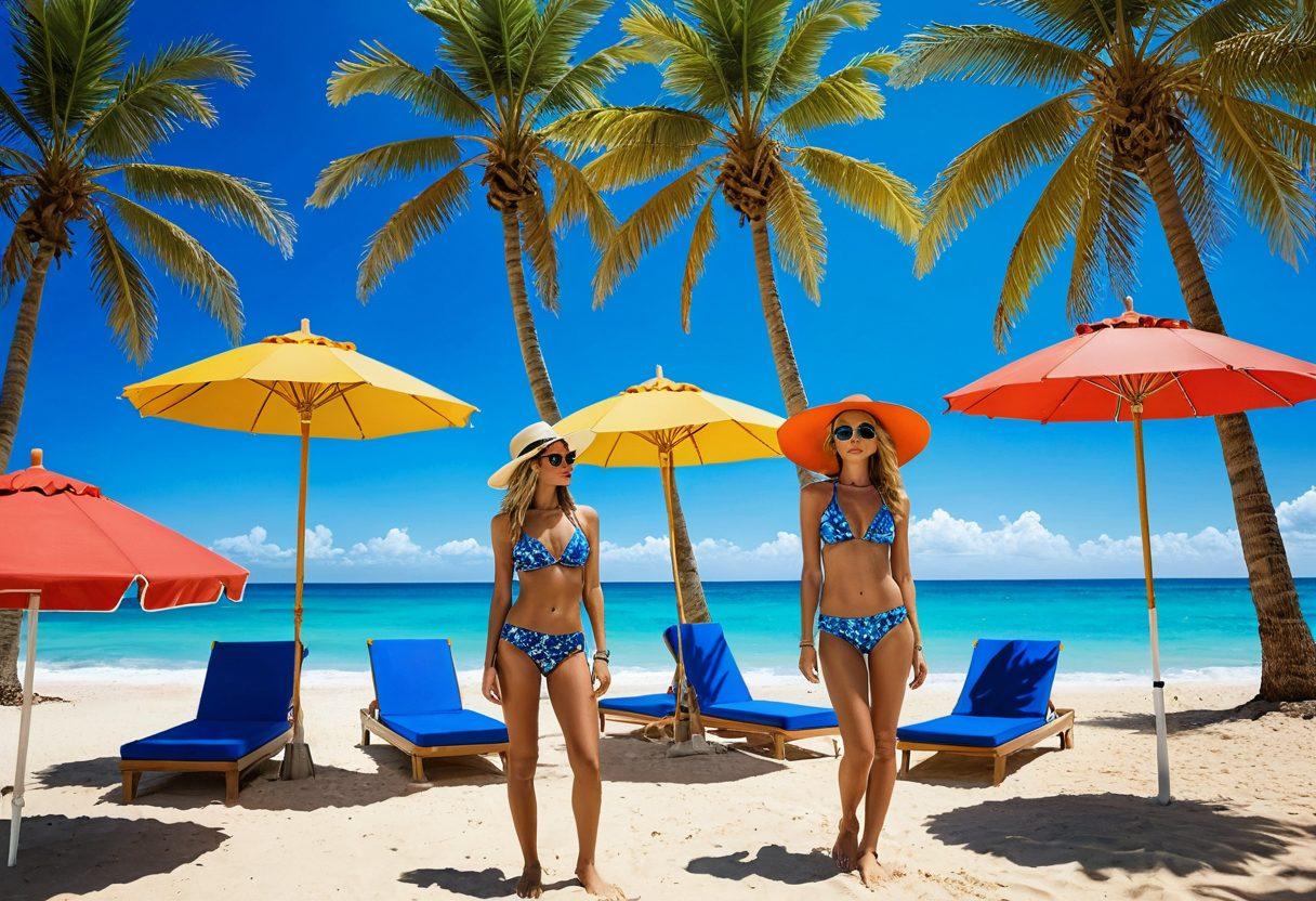 A stunning beach scene featuring models in trendy swimwear and provocative beachwear, basking under the sun with tropical palm trees gently swaying in the background. The vibrant blue ocean sparkles invitingly, while colorful beach umbrellas and exotic beach accessories surround them, creating a lively atmosphere. Include hints of luxury with stylish sunglasses and elegant resort wear draped nearby. Capture the essence of an exotic lifestyle. super-realistic. vibrant colors. bright sunny ambiance.